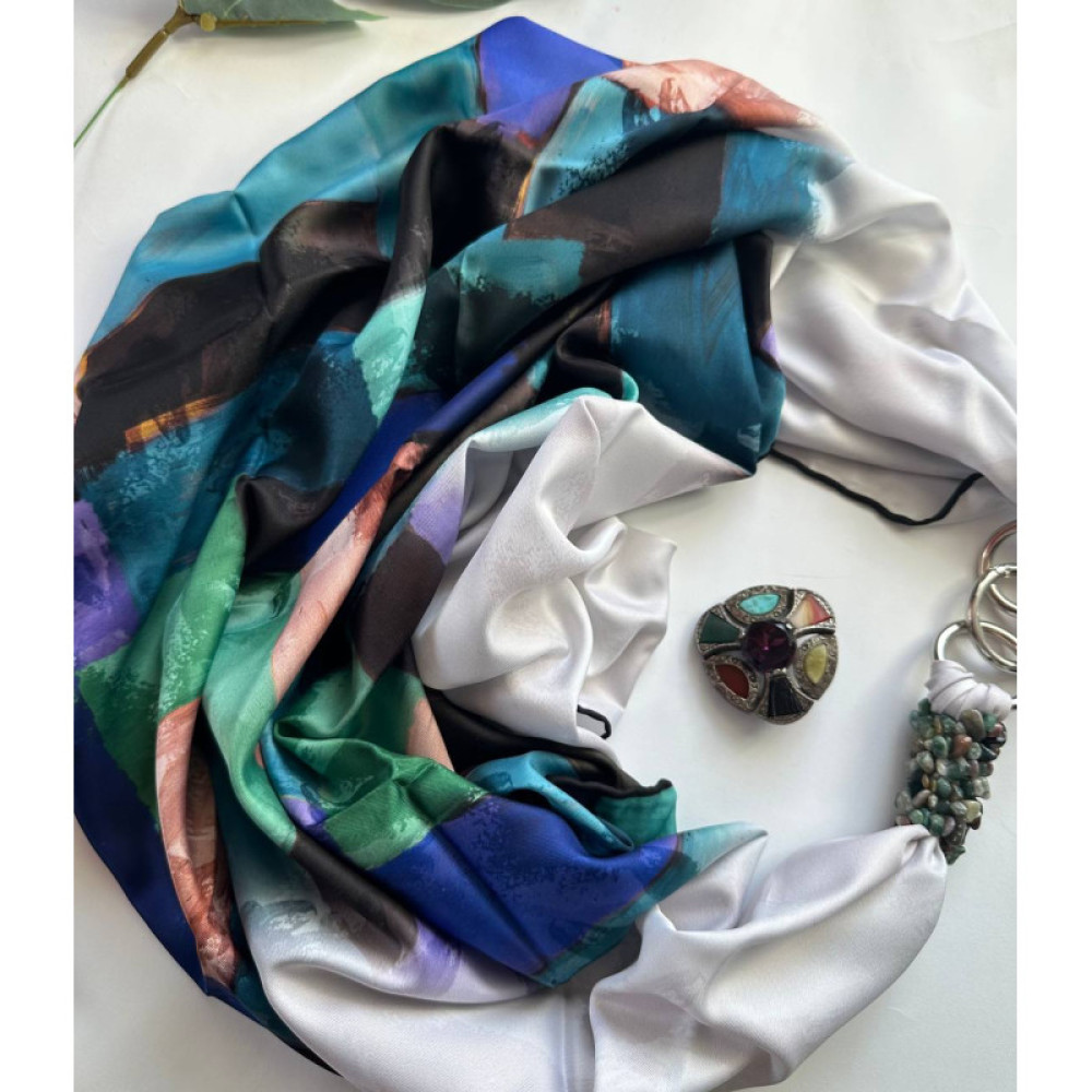 Дизайнерська шовкова хустка My Scarf "Блакитний океан" 90 на 90 см прикрашений  натуральною бірюзою
