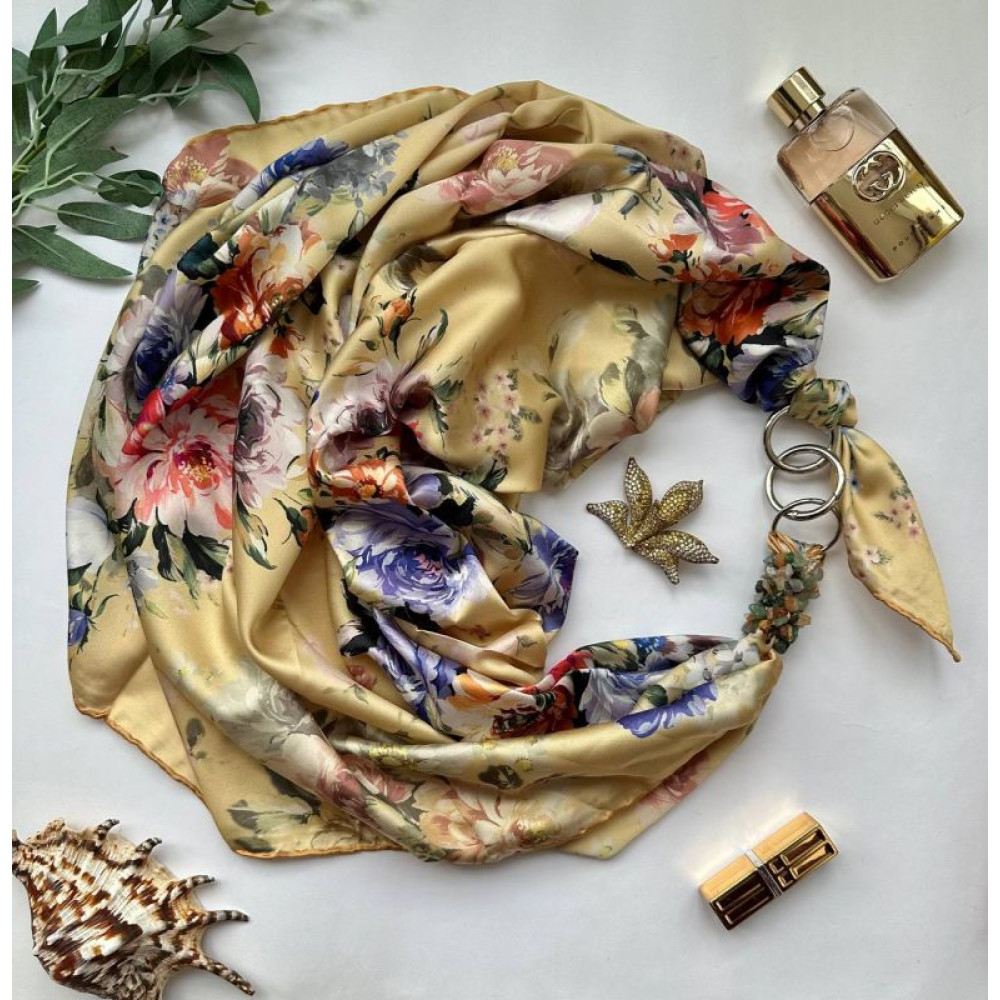 Дизайнерська шовкова хустка My Scarf "Золотий сад" 90 на 90 см, Преміум ВІП колекція