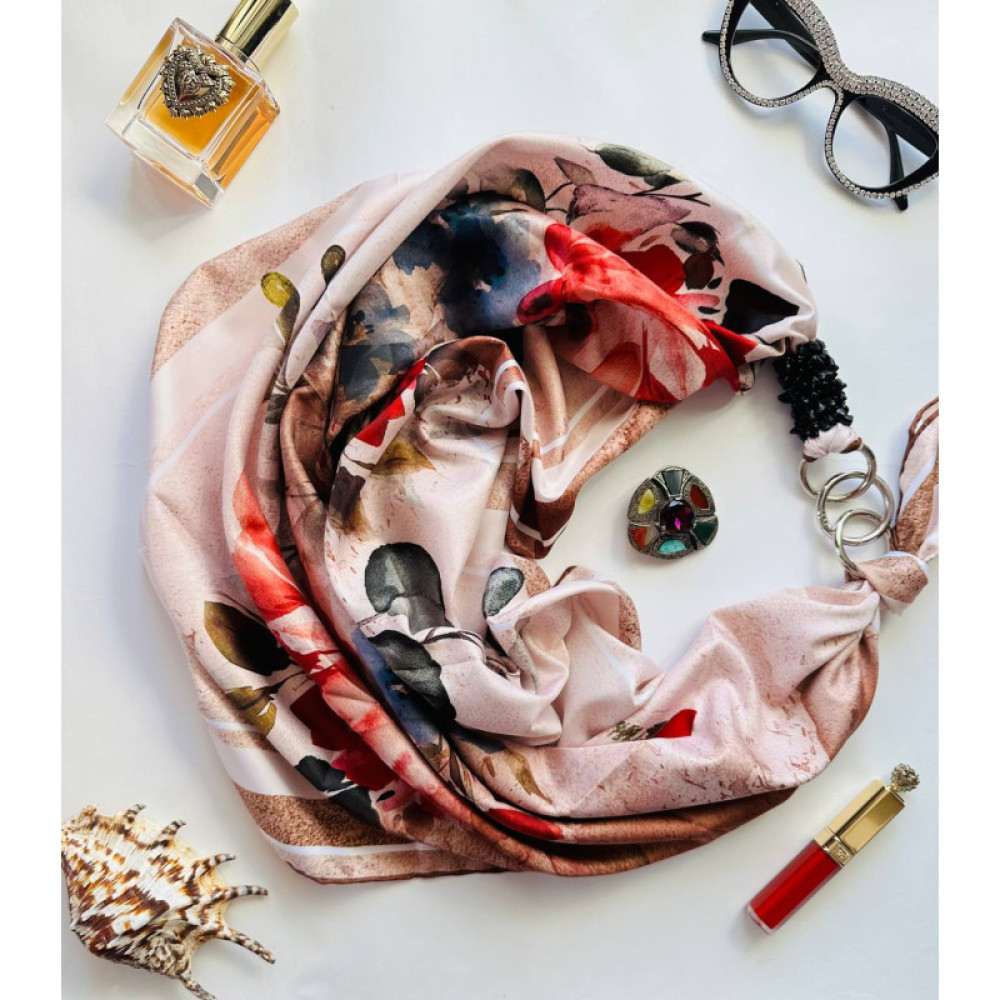 Дизайнерська шовкова хустка My Scarf "Квітка кохання" 90 на 90 см  з каменем гранат