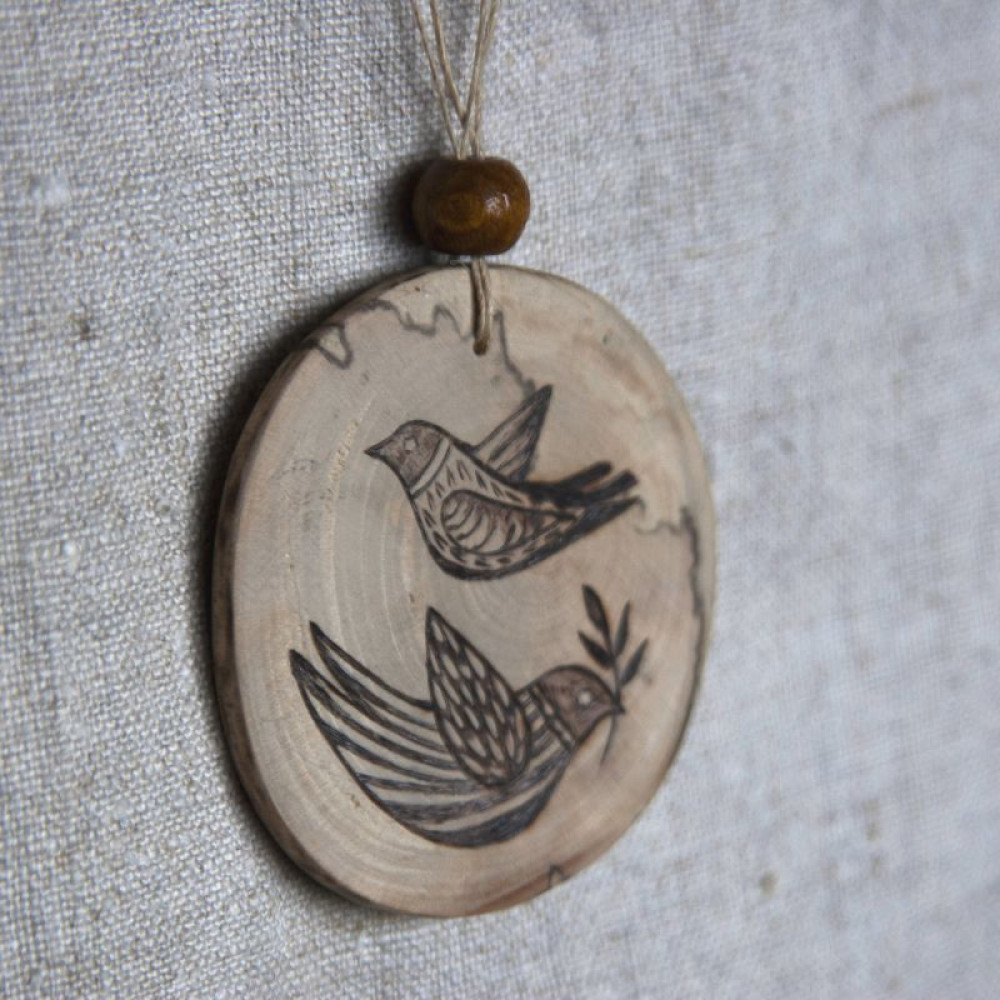 Кулон із натурального дерева берези "Птахи". Пірографія.