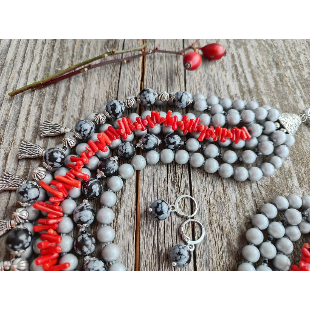 Намисто і сережки "На порозі пристрасті" (корал, сніжний обсидіан, кераміка)