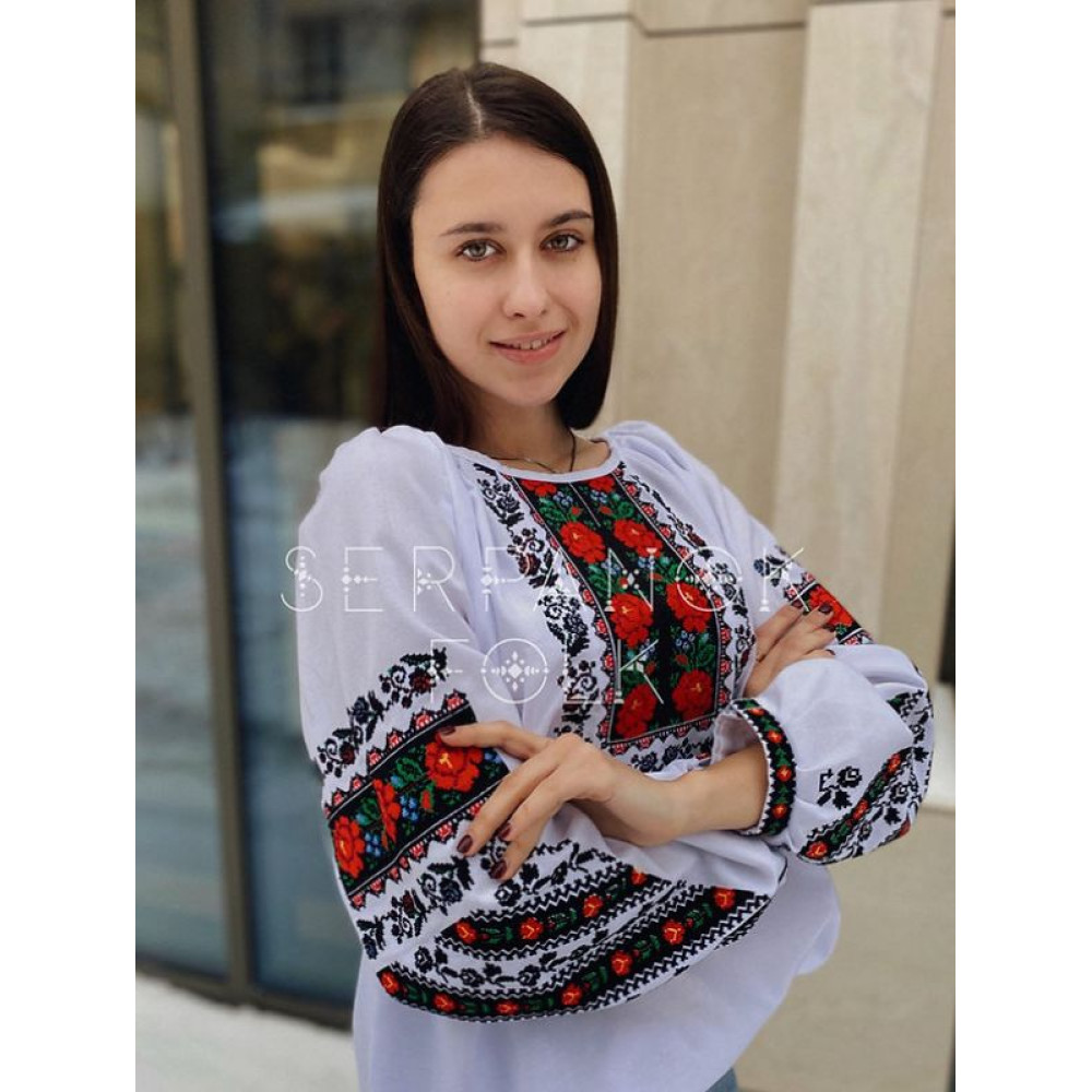 Борщівська жіноча вишита блузка. українська традиційна біла вишиванка.
