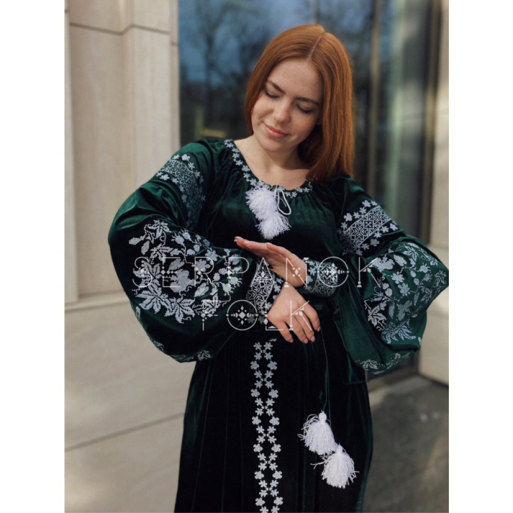 Жіноча вишита велюрова довга сукня. Українська вишита зелена сукня.