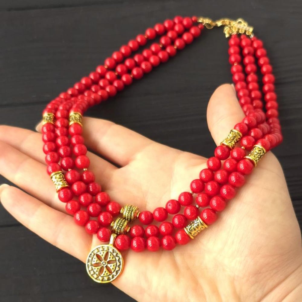 Трьохрядне намисто з натурального коралу з підвіскою "Квітка"