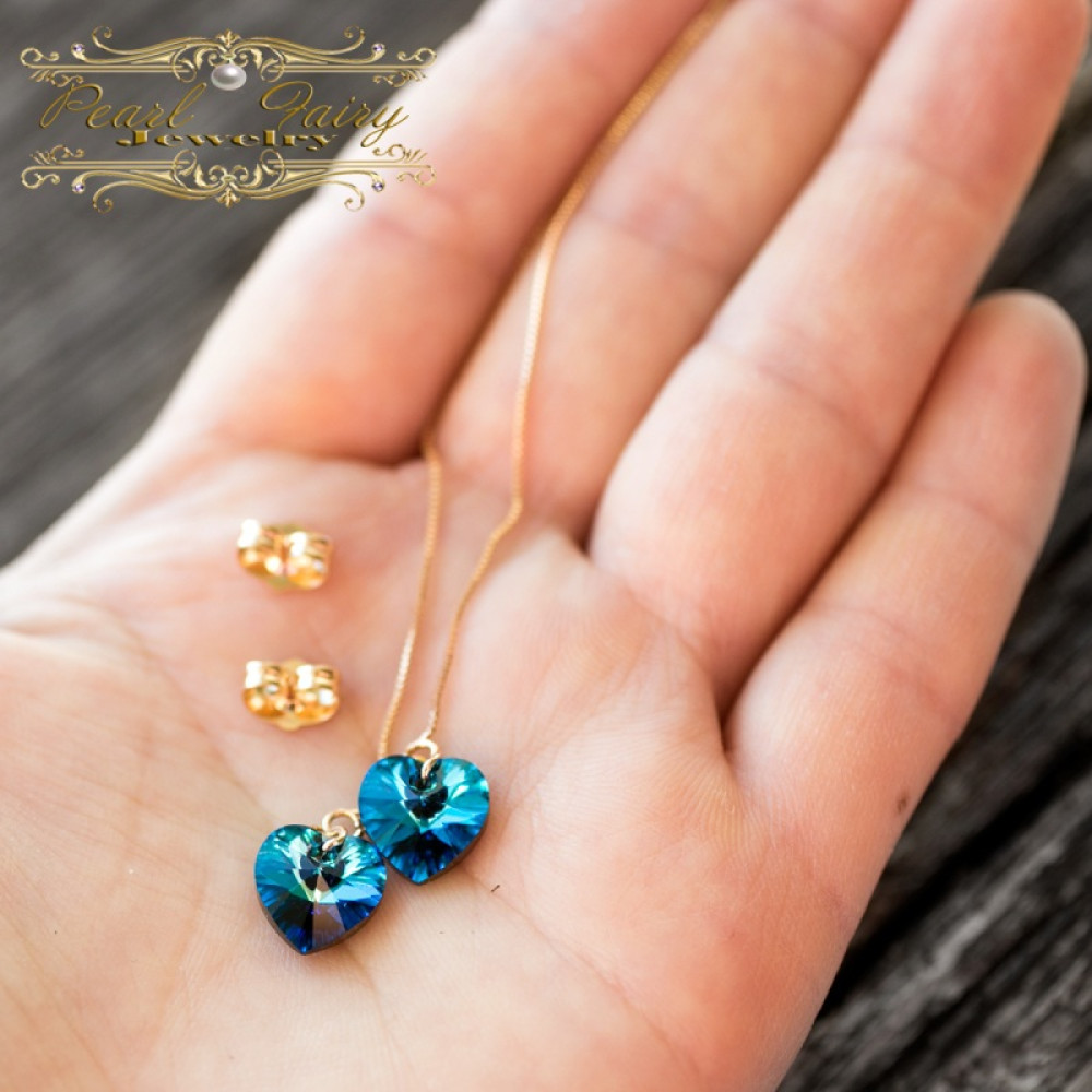 Позолочені сережки Серце кристали Swarovski