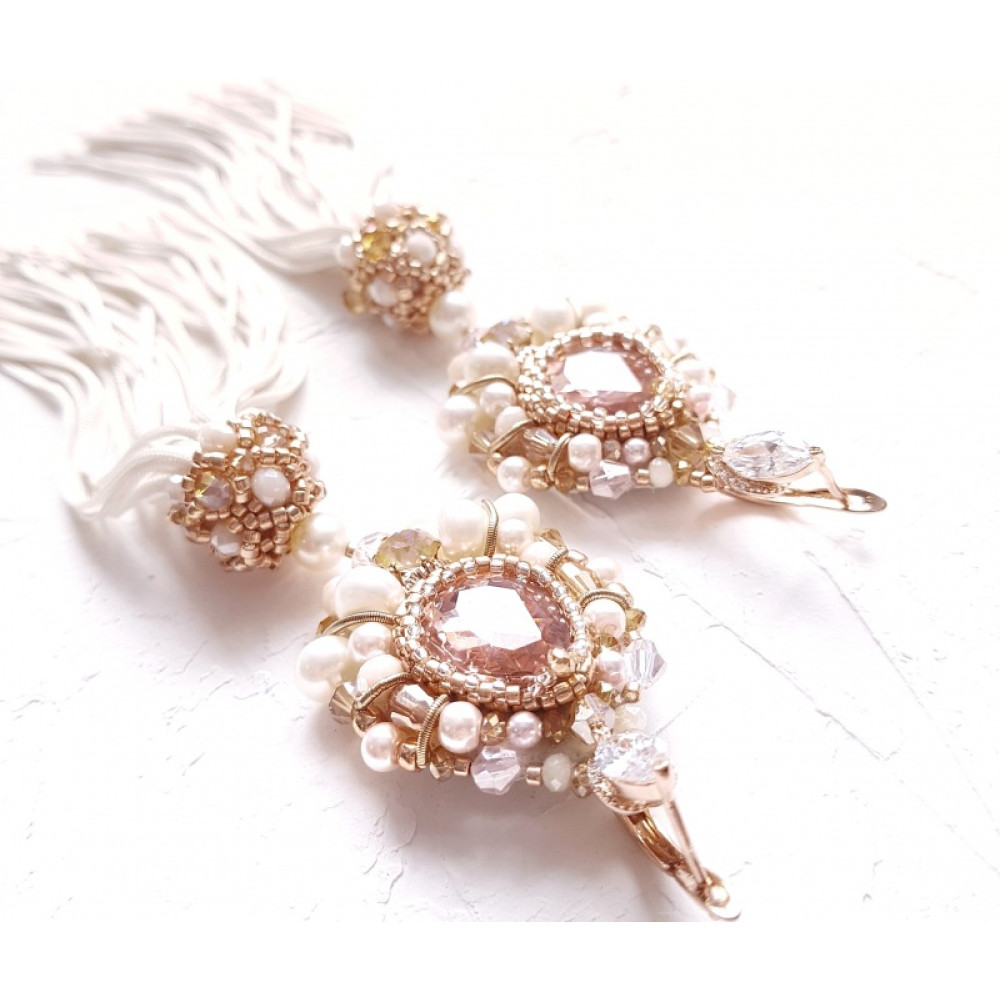 Позолочені сережки з кристалами Swarovski та натуральними перлами китиці 
