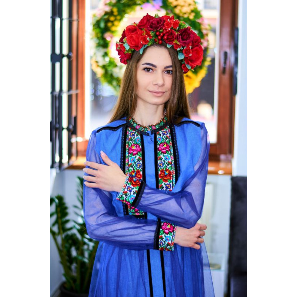 Сукня-туніка синього льону на гудзики,вишивка яскраві квіти хрестиком
