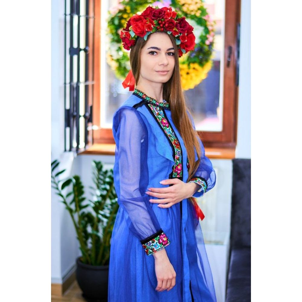 Сукня-туніка синього льону на гудзики,вишивка яскраві квіти хрестиком