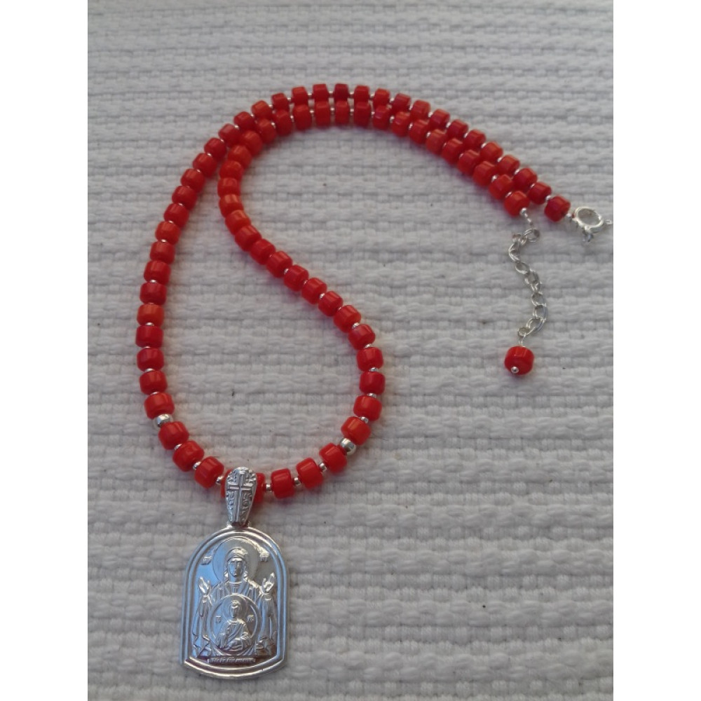 Намисто з натурального коралу коралового кольору і срібна підвіска
