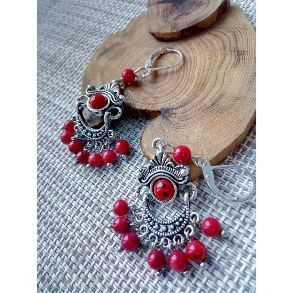  Сережки коралові двустороні 