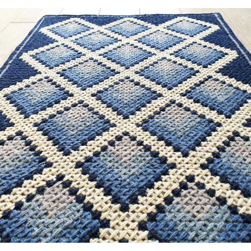 Килим приліжковиій вишитий з вовни синій геометричний, 62cm x 97cm