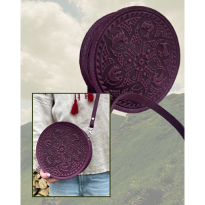 Жіноча Кругла шкіряна сумка «Писанка» ручної роботи фіолетова 