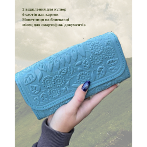 Жіночий Великий шкіряний гаманець «Дзвіночки» ручної роботи блакитний