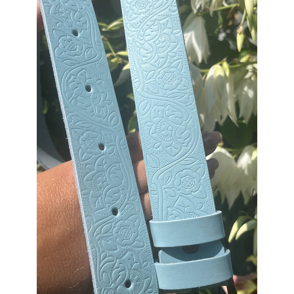 Унісекс шкіряний ремінь «Петриківка» блакитний ручної роботи з авторсько-етнічним тисненням 
