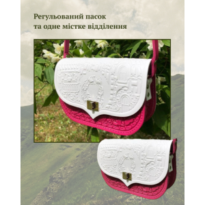 Маленька шкіряна сумка «Котики» ручної роботи біло-рожева (біло-фуксія) з авторським тисненням 