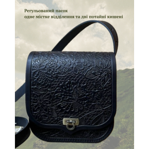 Жіноча Середня шкіряна сумка «Мереживо» лайт ручної роботи чорна з авторсько-етнічним тисненням 