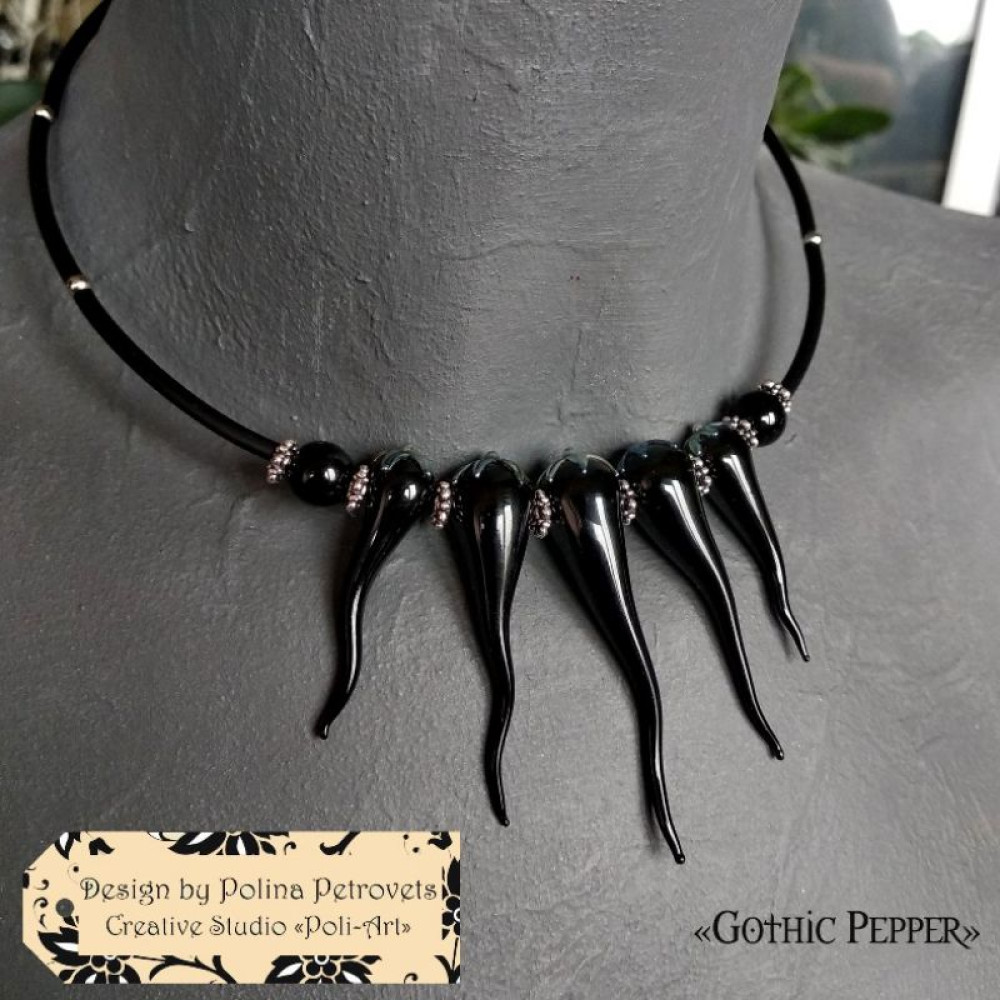 Комплект чокер і сережки з лемпворку і агатів "Gothic Pepper"