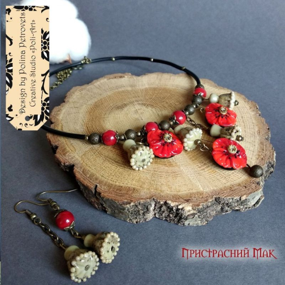 Комплект чокер і сережки з скла ручної роботи (lampwork) та коралів "Пристрасний мак"