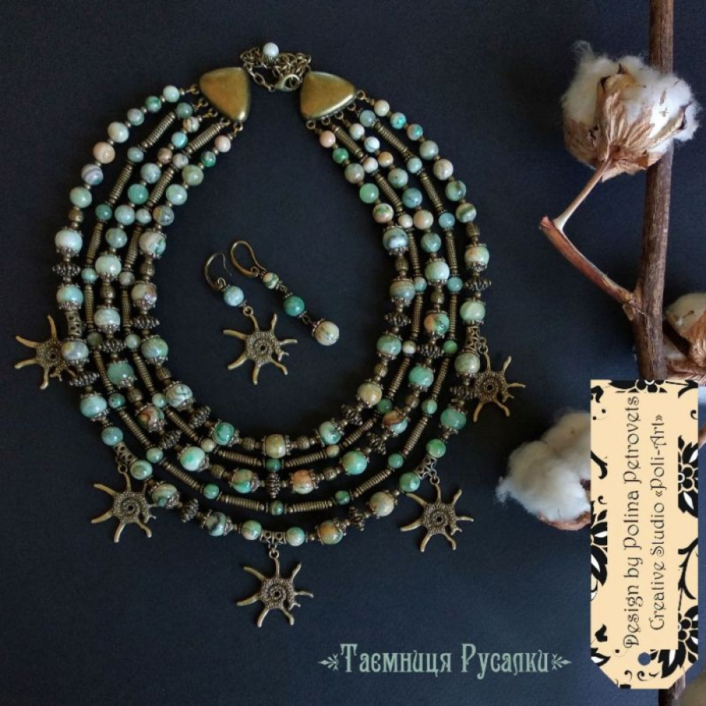 Комплект з намиста і сережок з родохрозиту та підвісами "Таємниця Русалки"