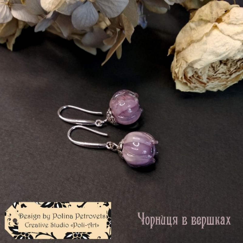 Сережки з Муранського скла (ручної роботи) "Чорниця в вершках"