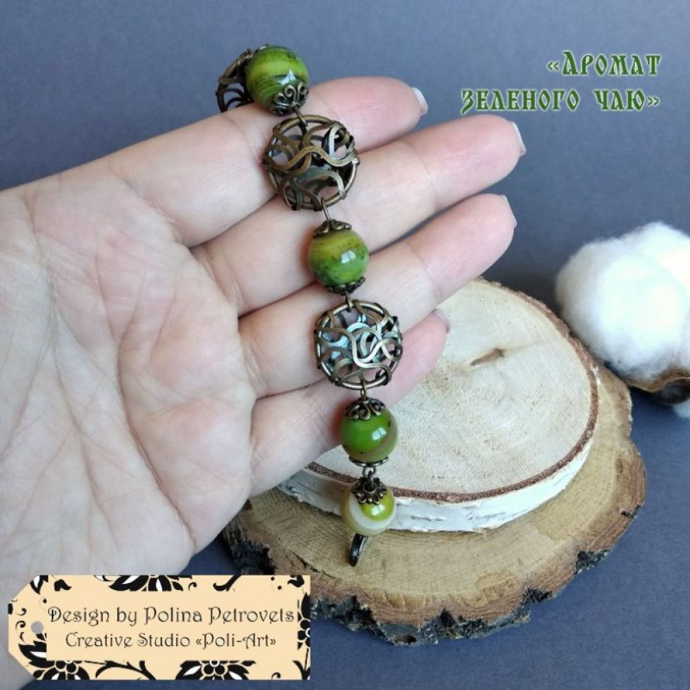 Комплект браслет і сережки з агату "Зелений чай"
