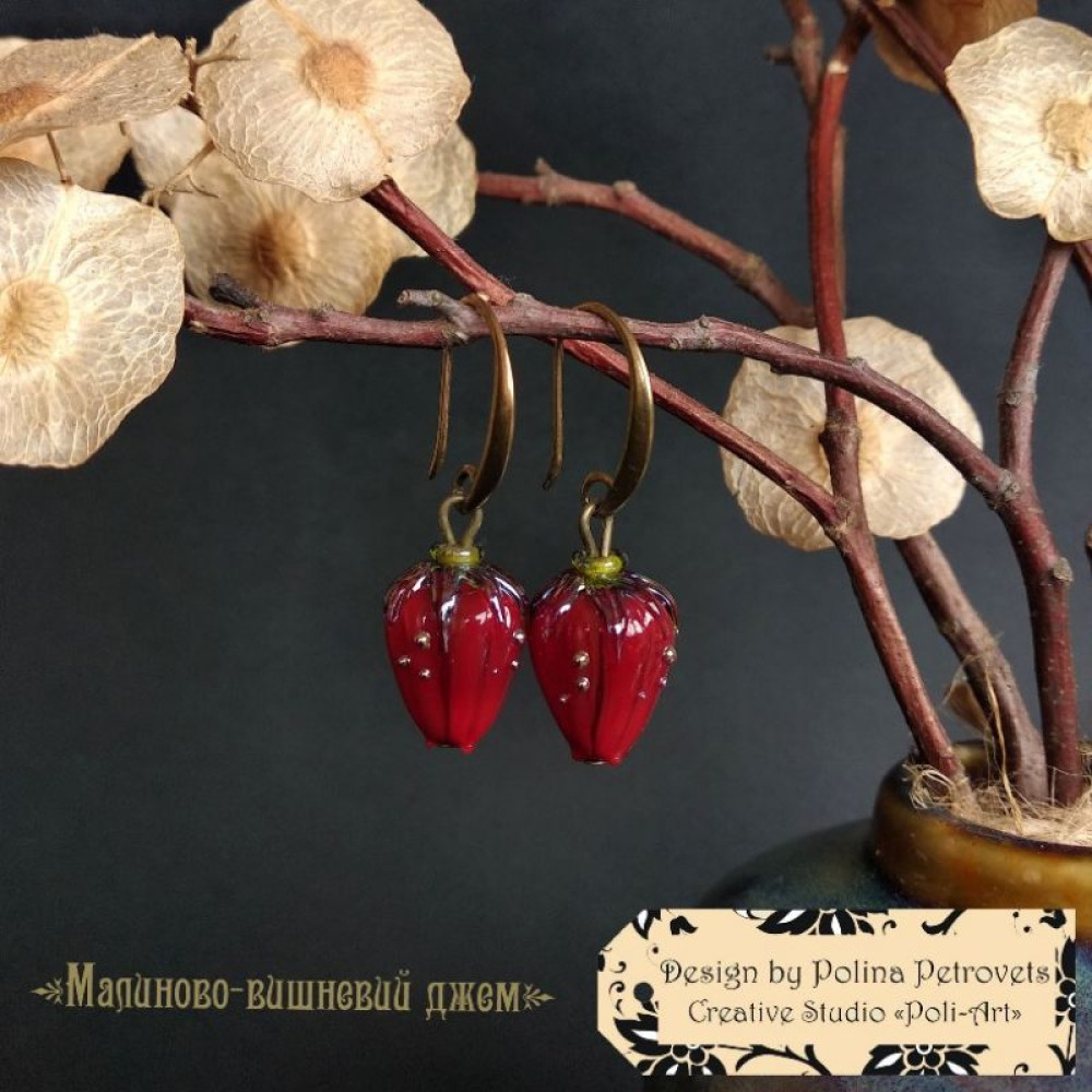 Сережки з лемпворку (муранське скло ручної роботи) "Малиново-вишневий Джем"