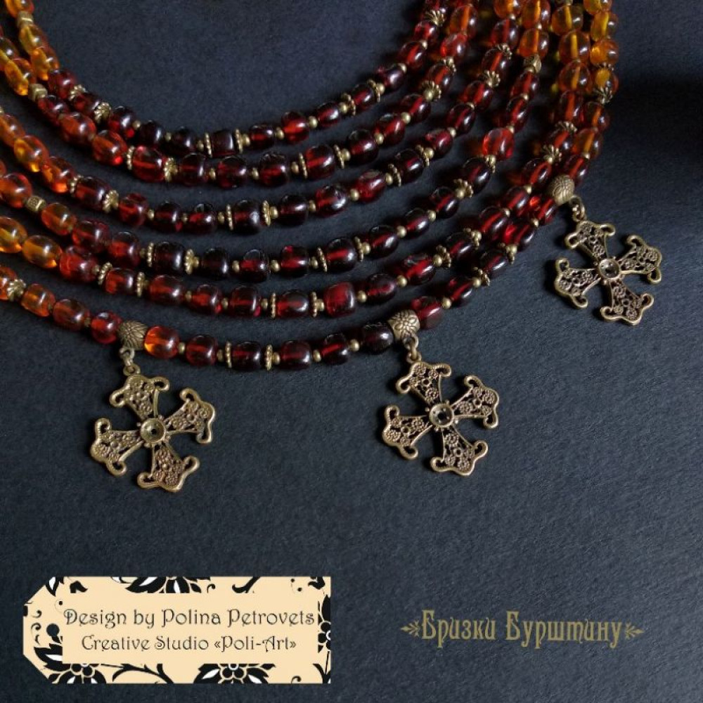 Комплект намисто і сережки з бурштином та підвісами "Бризки Бурштину"