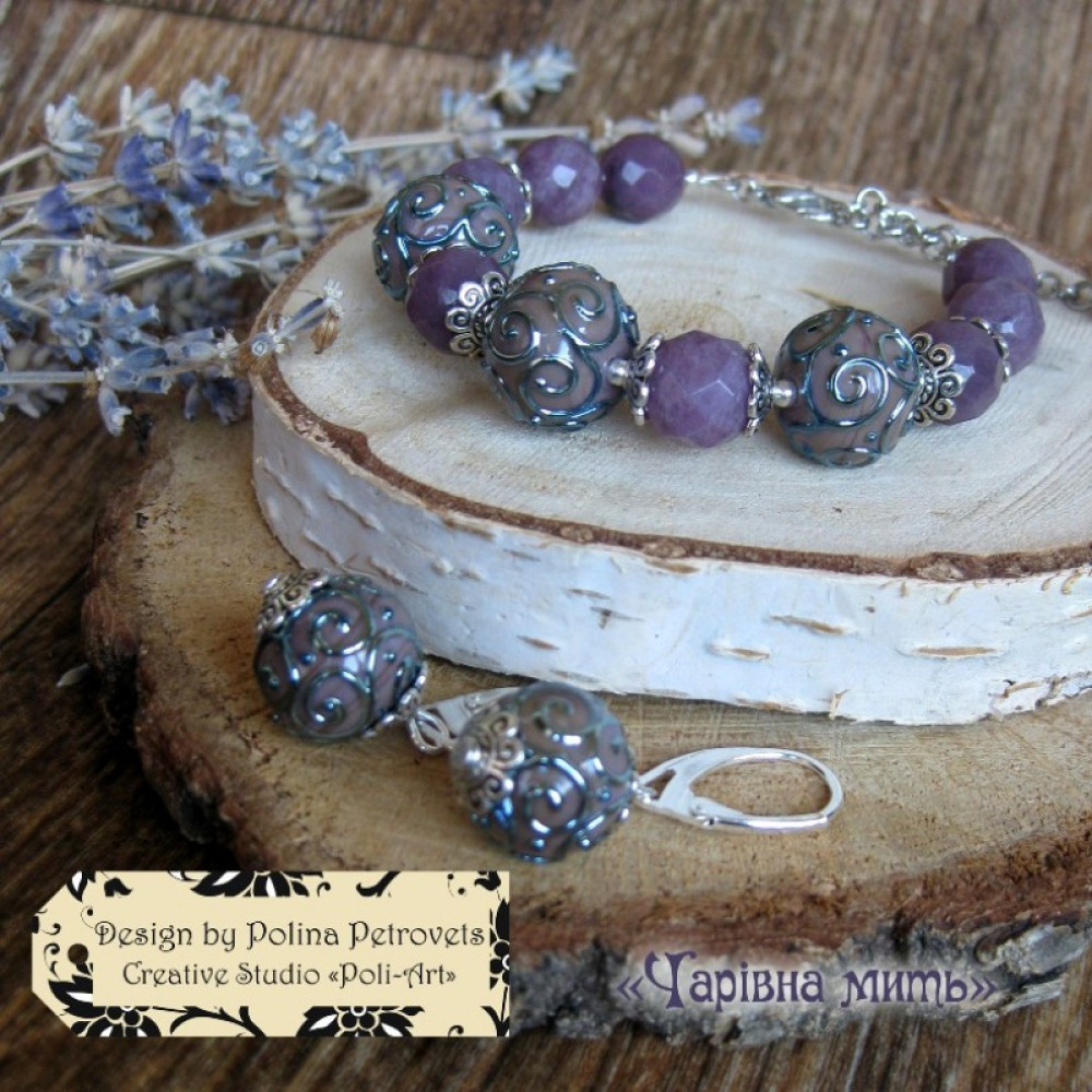 Комплект браслет і сережки з кварцу і лемпворку "Чарівна мить"