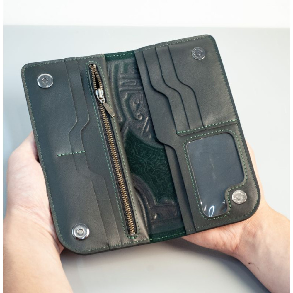 Довге чоловіче портмоне з натуральної шкіри з тисненням темно-зелене