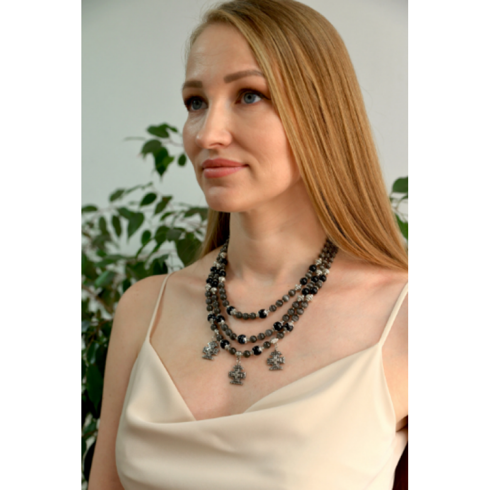 Ексклюзивне намисто "Вірляна" Агат, Котяче око, 46 см, 3 ряди