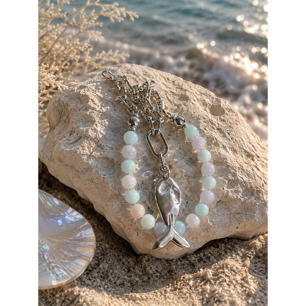 Кольє «Mermaid» з тонованого кварцу та підвісом-рибкою