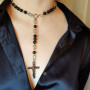 Кольє-краватка  зі сріблястого обсидіану з підвіскою Дерево життя" у формі хреста з ювелірної сталі. 
