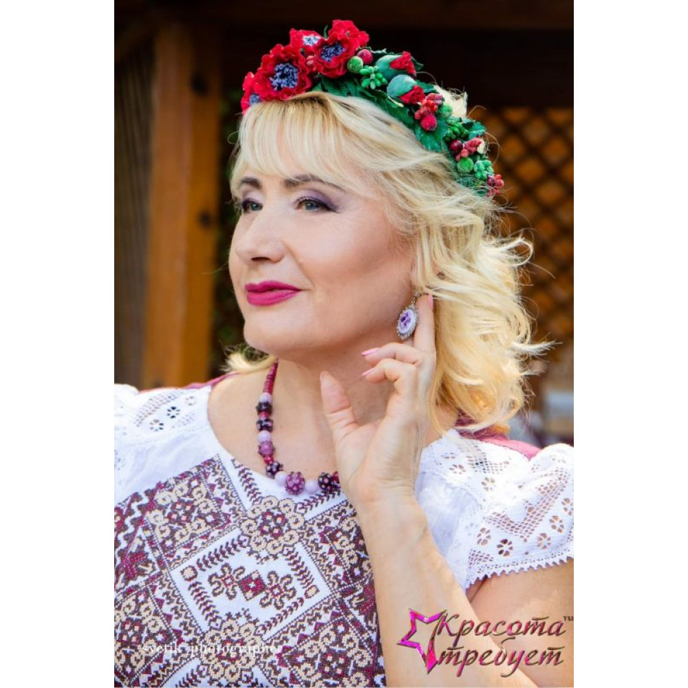 Намисто із кварцу, оніксу і стела рубіново-рожеві