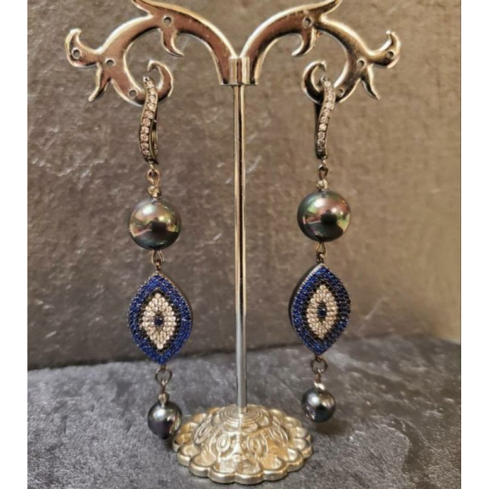 Сережки підвіски з кристалами Swarovski ,чорними перлами"Зоряна ніч" 