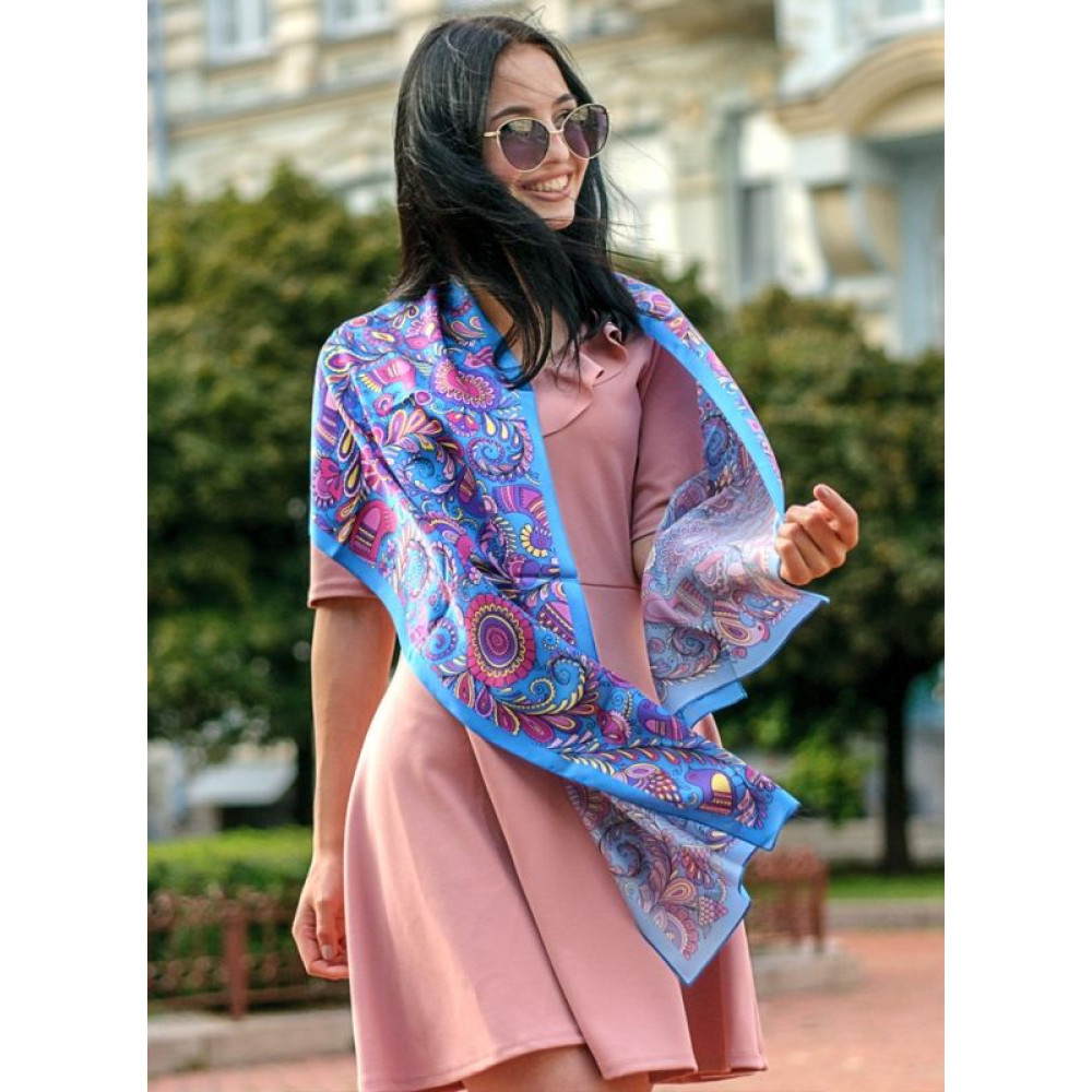 Шалик "Райські пташки". Блакитний. 173х40 см