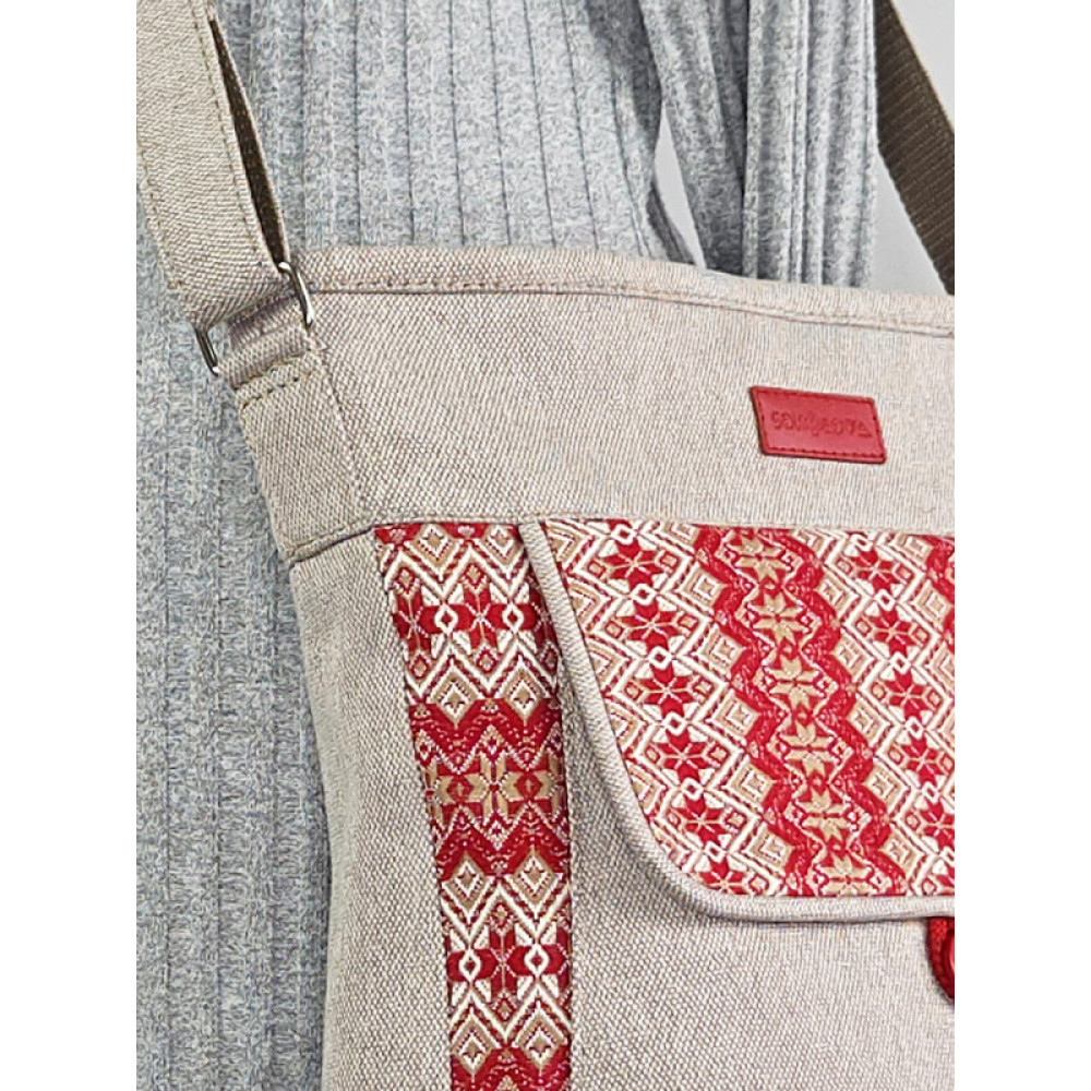 Бежева сумка з червоним орнаментом (88005)