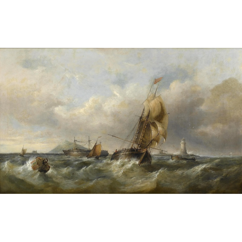 A trading schooner in choppy seas off a moored hulk