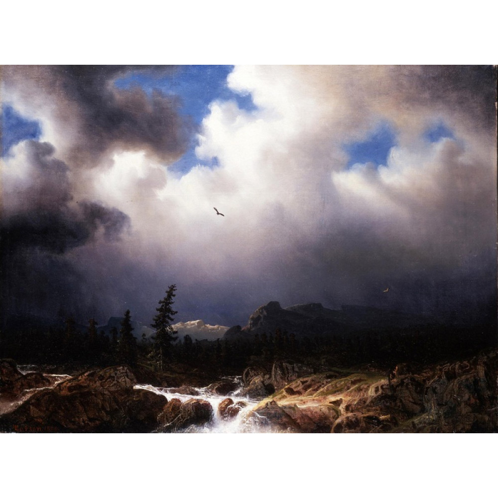 Torrent in a landscape with stormy sky