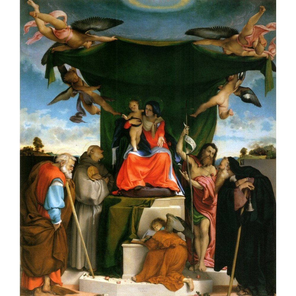 Enthroned Madonna with angels and saints st joseph and st bernard on the left st john