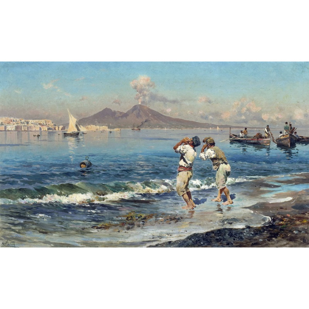 Una veduta del golfo di Napoli con i pescatori nella priorita alta