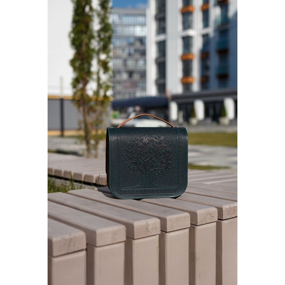 Сумка жіноча шкіряна через плече "Сонце Карпат" ручної роботи, темно-зелений+рудий+ручка