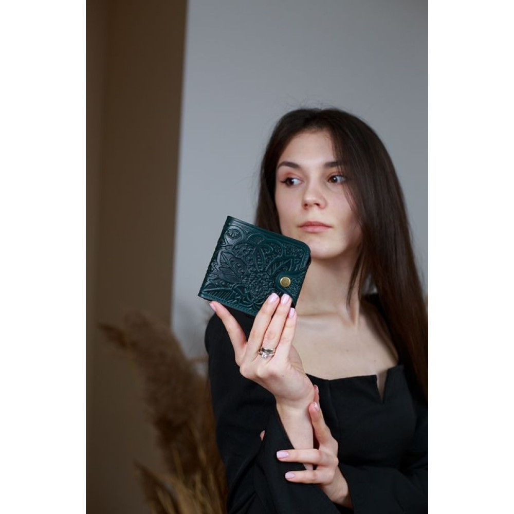 Гаманець з натуральної шкіри «Квітка» Темно-зелений