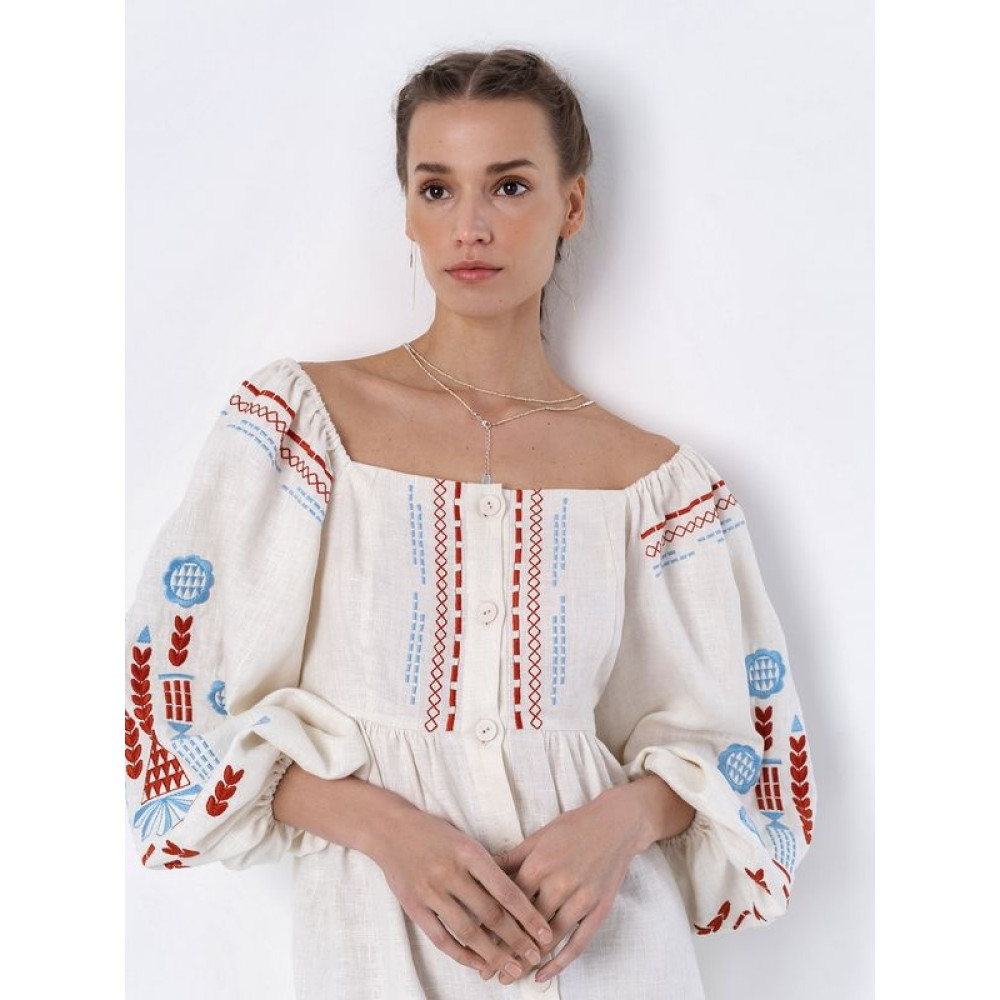 Лляна сукня з вишивкою молочного кольору MOZAIKA