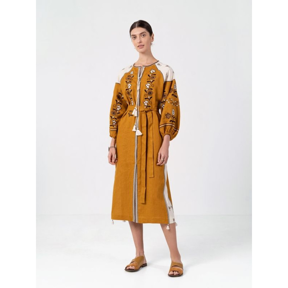 Лляна сукня з рослинним орнаментом April Yellow